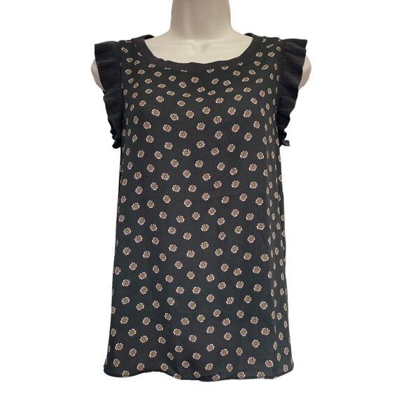 Loft Mixed Materials Floral Print Top with Ribbed Collar & Flutter Sleeves Sz S - Picture 1 of 11